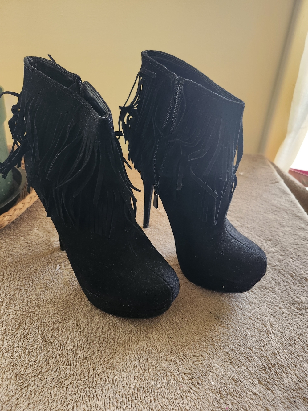 Dollhouse Black Suede Fringe Platform Ankle Boots